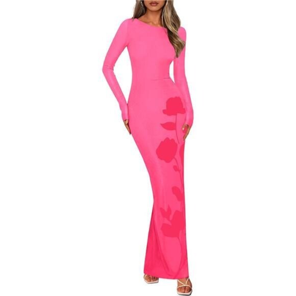 Bodycon Maxi Dress Long Sleeve Sexy Mesh Pink - Picture 1 of 6